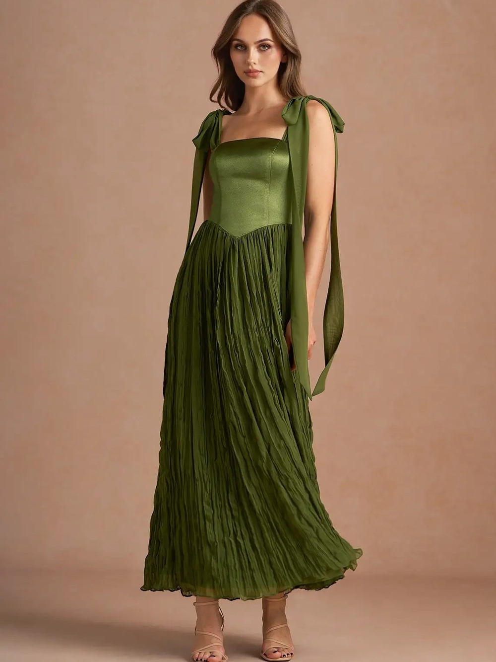 NEW Azazie Olive Green Tie-Strap Pleated Maxi Dress.